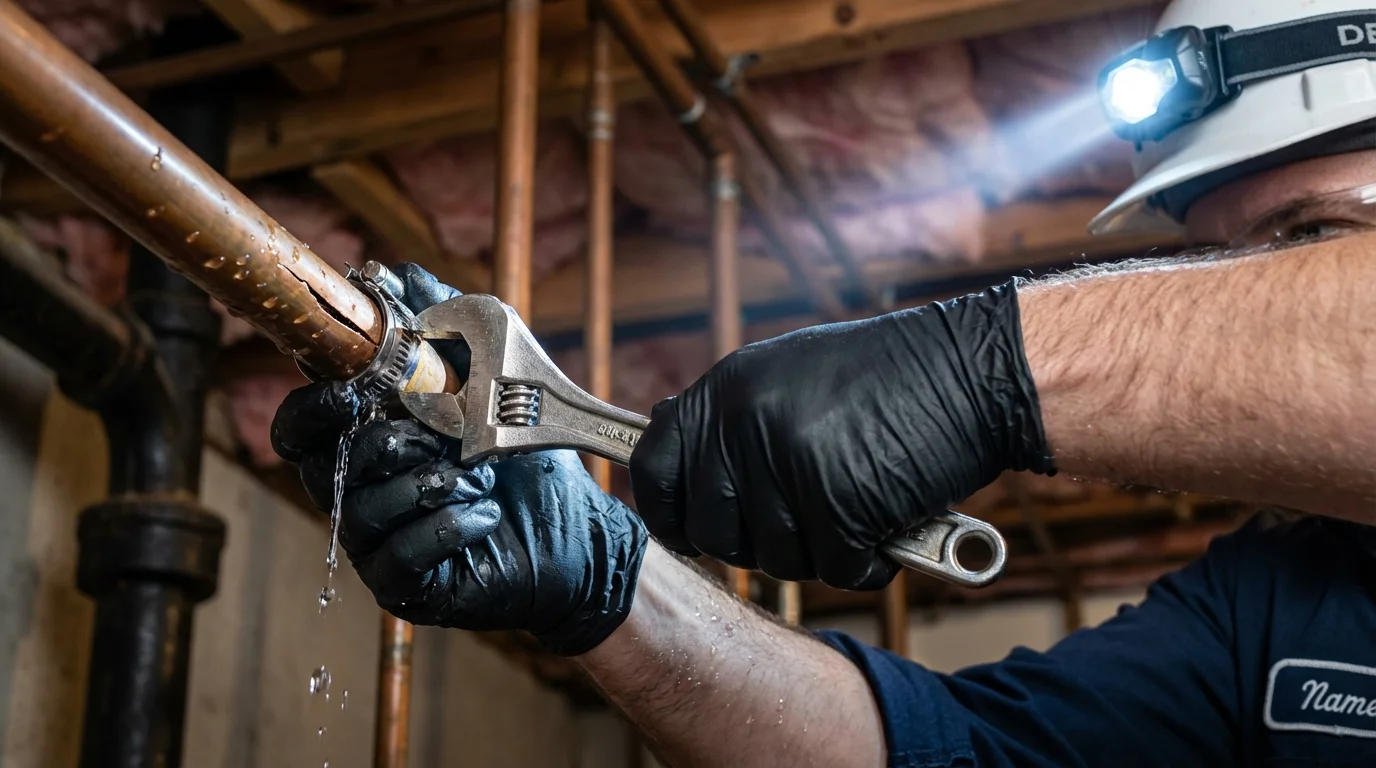 Emergency pipe clamp repair being performed by a Johns Plumbing LLC plumber in Alva